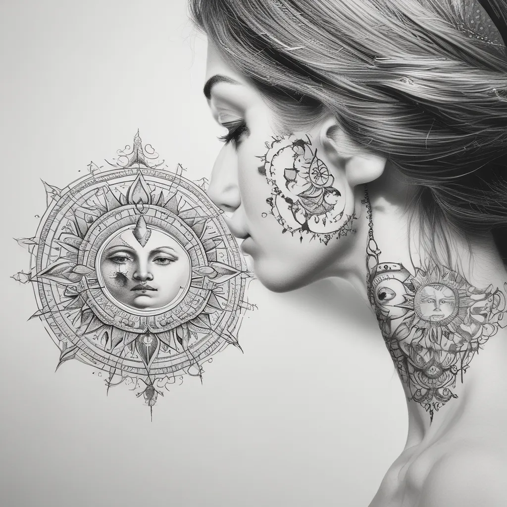 fine line sun and moon ornamental ear and neck tattoo tatuering