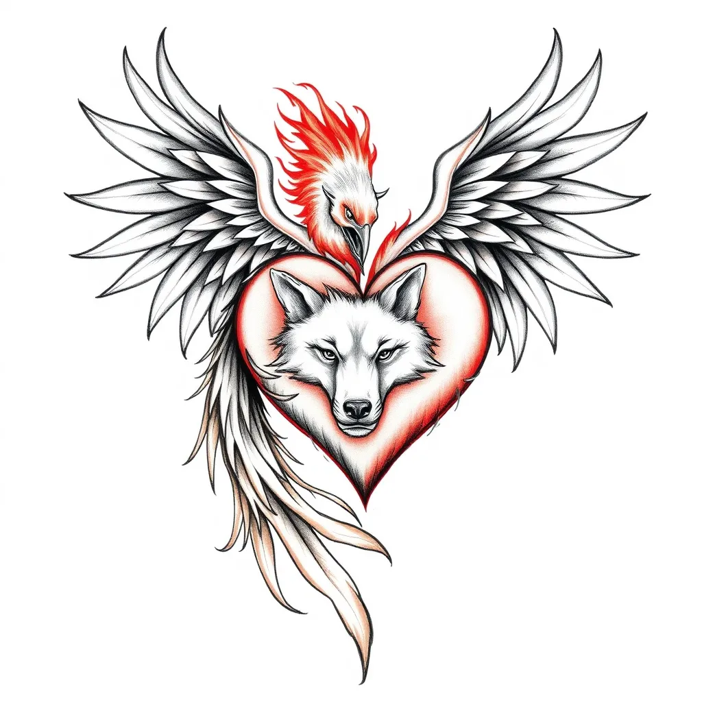 phénix de feu formant un coeur avec un loup tattoo