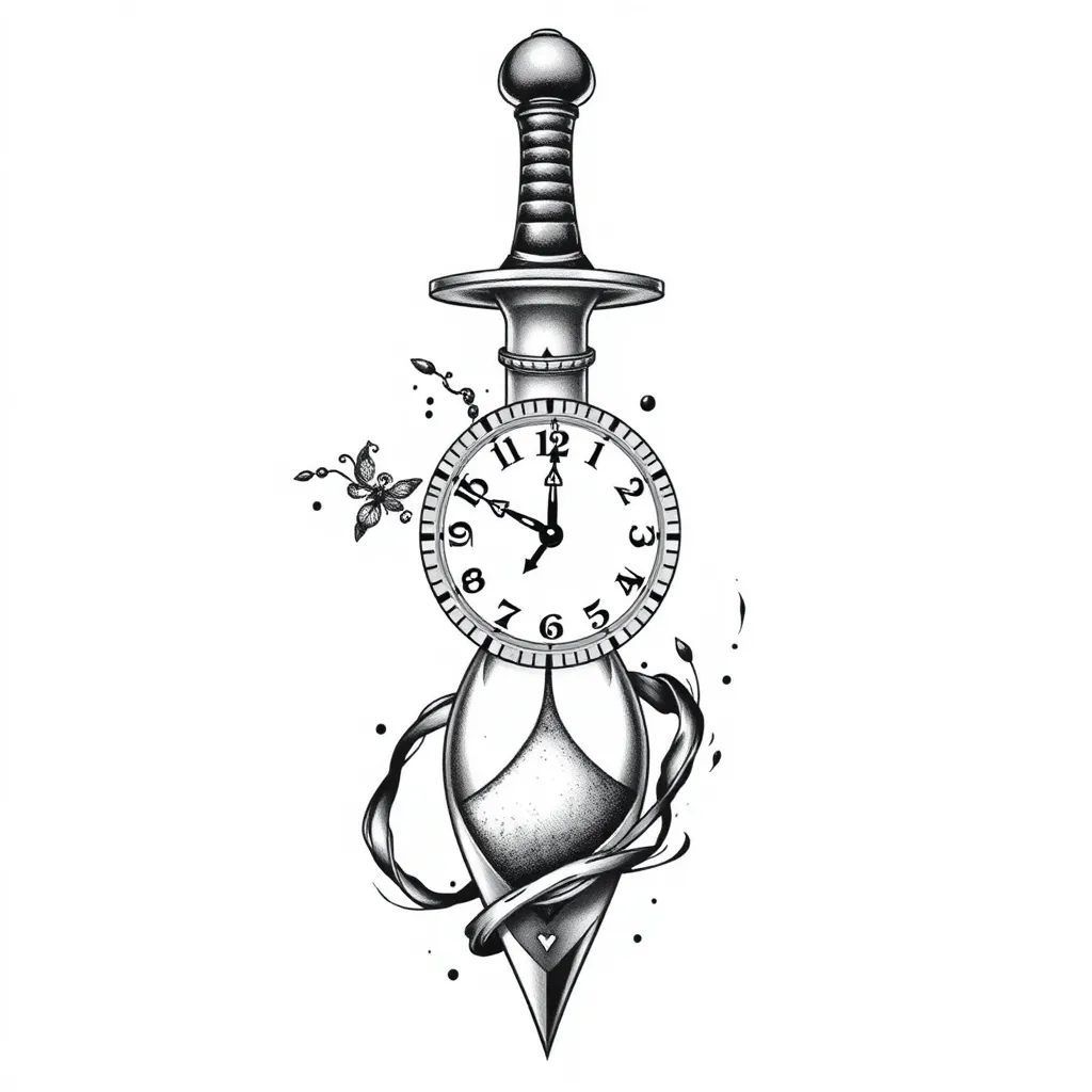 First tattoo (Dagger and Clock):

Main symbol: A dagger with sand flowing through the blade. Sand can be subtly depicted in motion, creating a dynamic effect.
Centre: Inside the dagger, place a detailed old-fashioned clock, inspired by the movie In Time, with the hands pointing to the time 11:09:2015. The clock should have a vintage look with small details such as decorative hands and subtle shading.
Style: Black and white, with fine lines to capture the fine details of the sand and clock. Use thin lines for sand details and hour shading to create contrasts.
Second tattoo (Hourglass and Clock):

Main symbol: An hourglass inspired by the movie Prince of Persia, with sand flowing down. The sand could be displayed in the descent phases, highlighting the movement.
Middle: The inside of the hourglass contains the same clock from the movie In Time, again with the hands showing 11:09:2015. The clock should be similar to the one from the first tattoo, but adapted to the shape of the hourglass.
Style: As black and white as the first teto tattoo