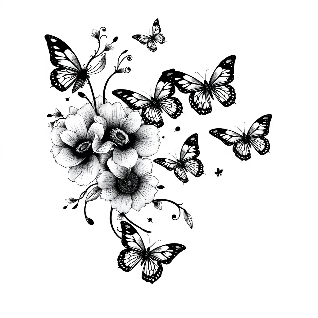 fleur et papillons qui s'envolent  tatuaje