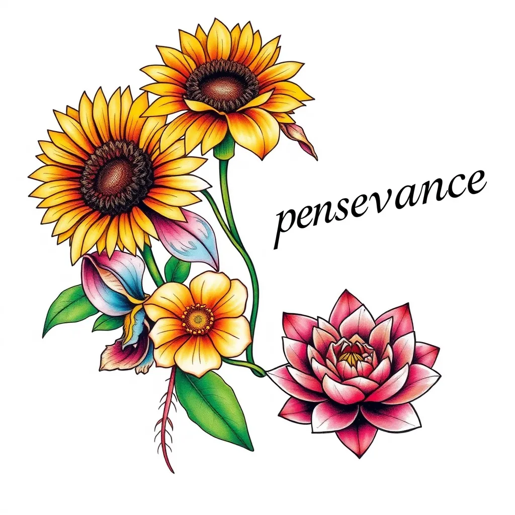 fleurs (tournesol, iris et lotus) en long avec le mot "persévérance" sur le côté tatuaggio