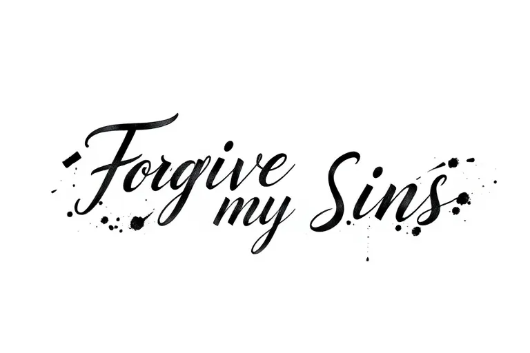 Forgive My Sins" in words with ink splatter, all words on 1 line, with cursive calligraphy 纹身