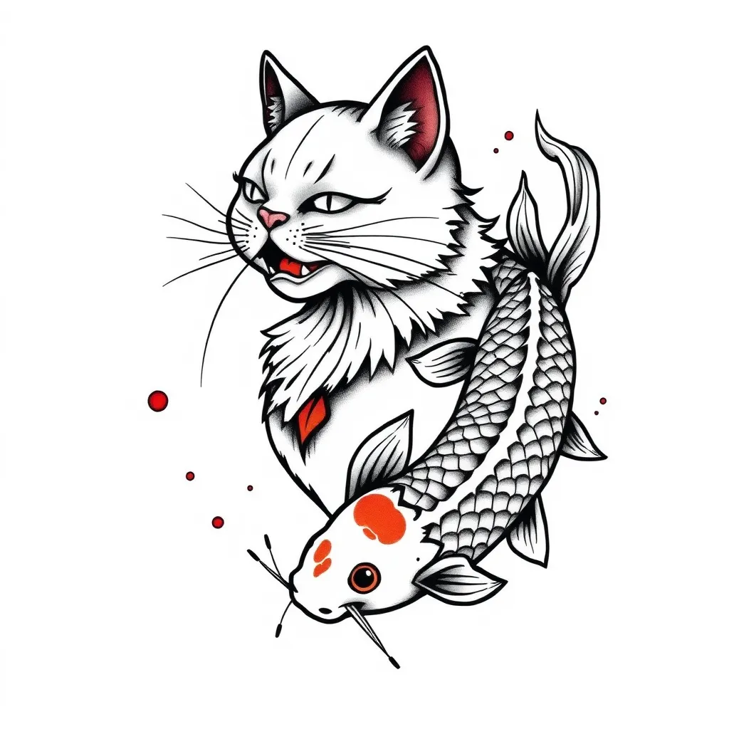 Fortune cat and koi fish 纹身