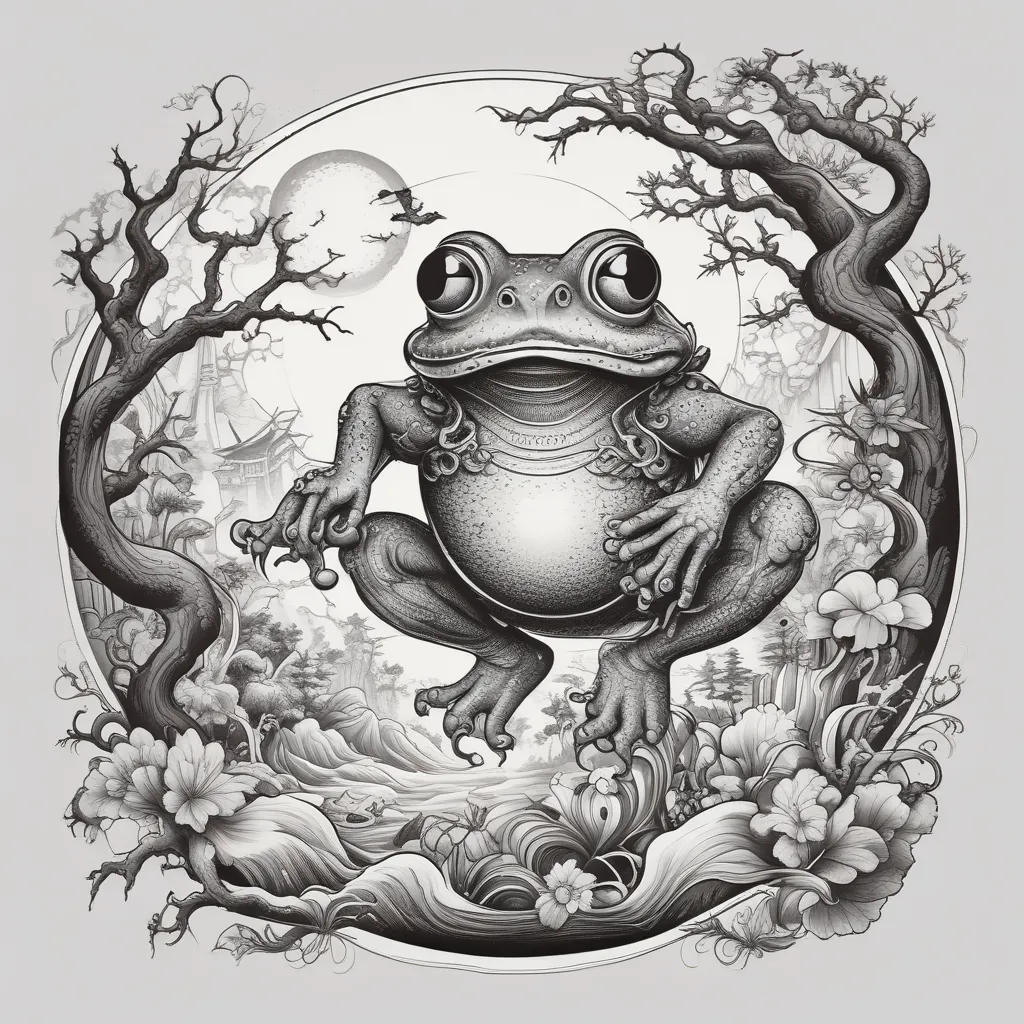 Frog running on a mystical ball playing the trumpet surrounded by evil spirits and dark forest tatuointi