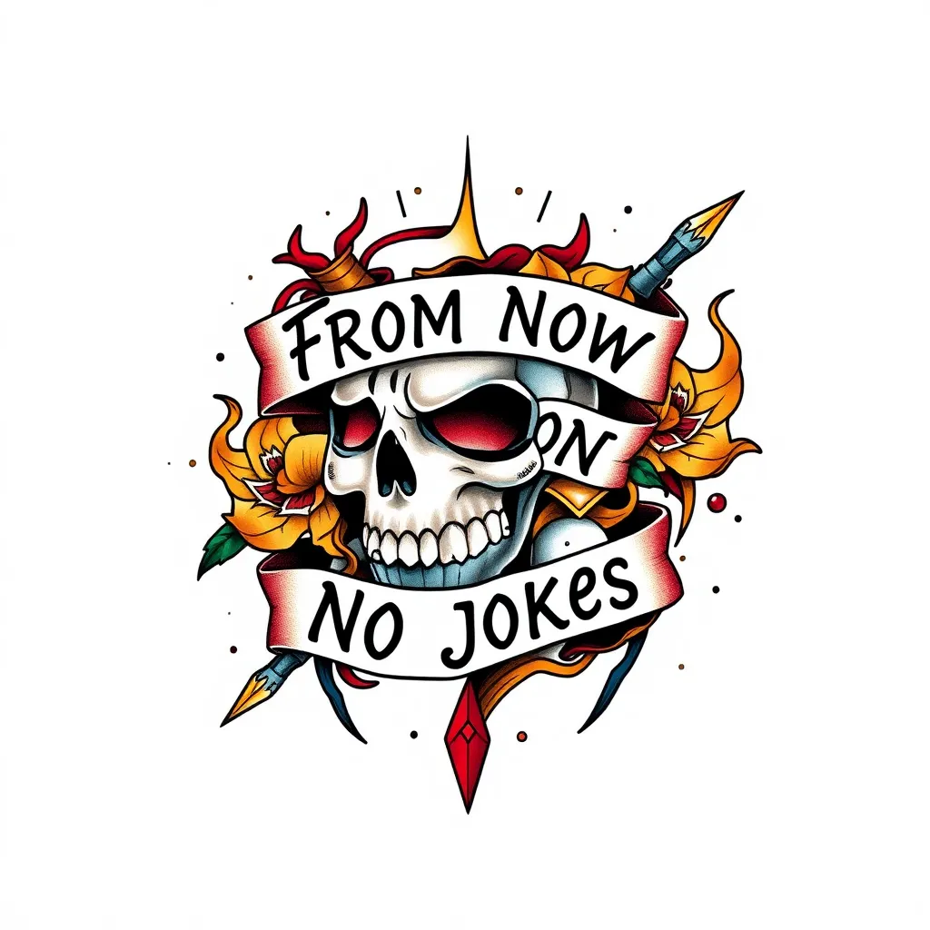 phrase: "From now on, no jokes" in cursive font tattoo