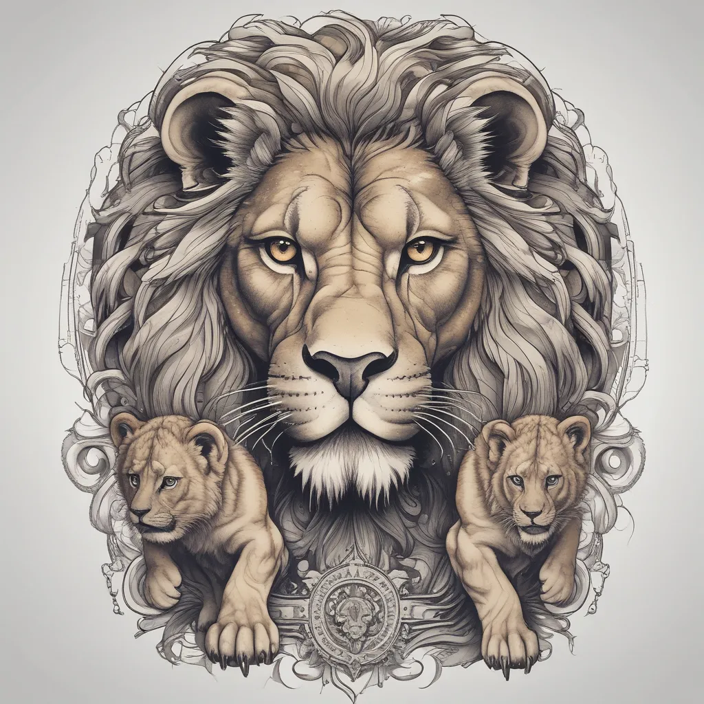 Front look of lion ready to attack standing behind lion cub tattoo