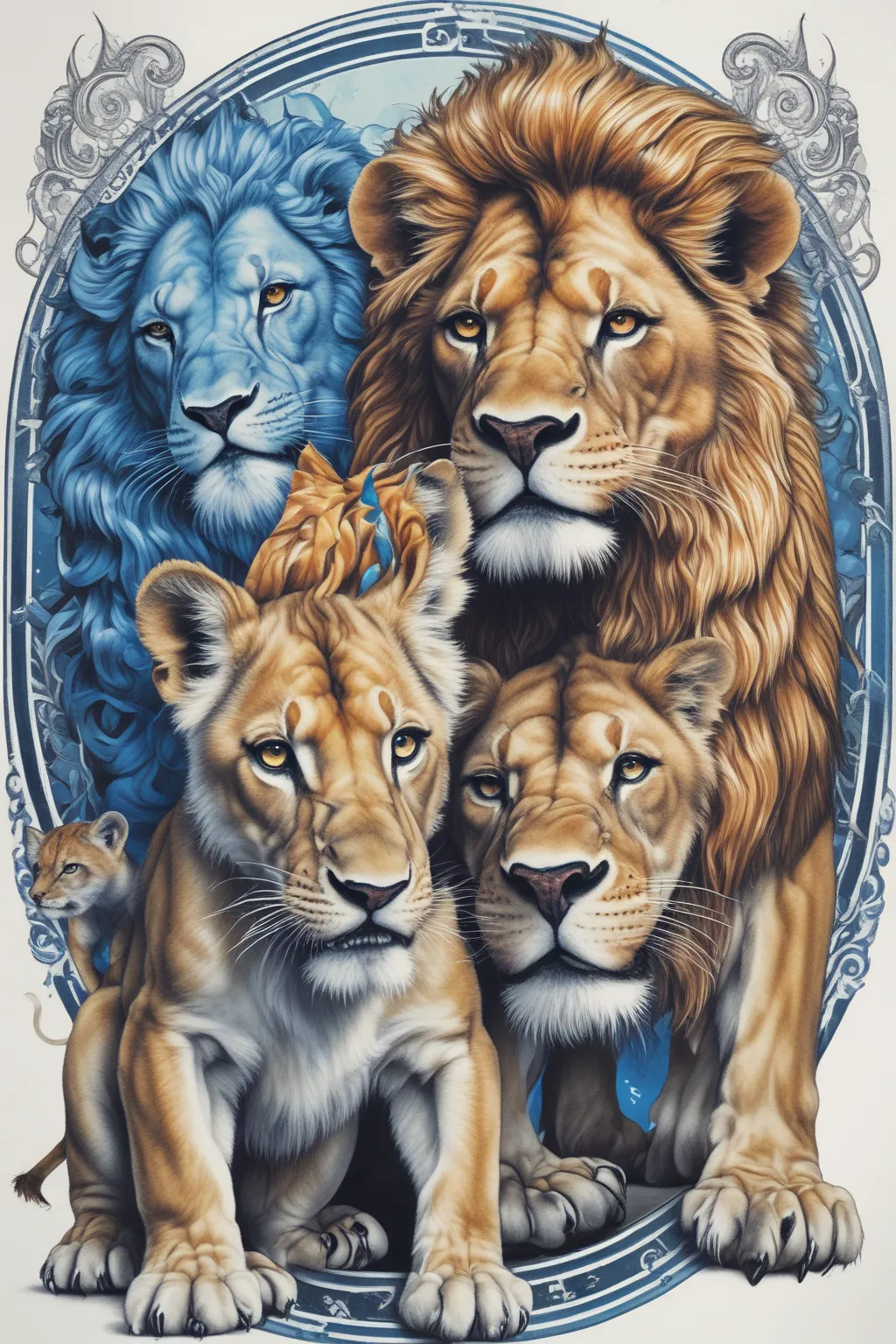 Front look of lion ready to attack standing right behind a blue eyed lion cub tatuaggio