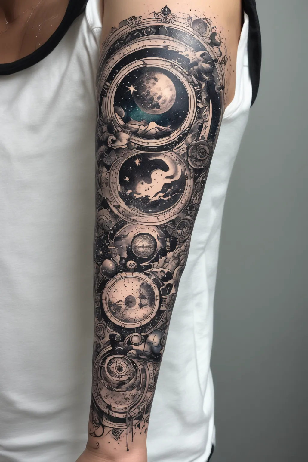 Full arm sleeve showing the universe and the mysticism and secrets it holds وشم