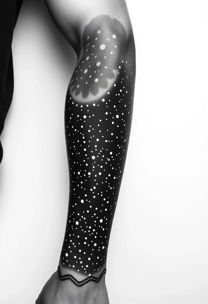 Diseño de brazo completo en negro con puntos pequeños en blanco simulando una noche estrellada tatuointi