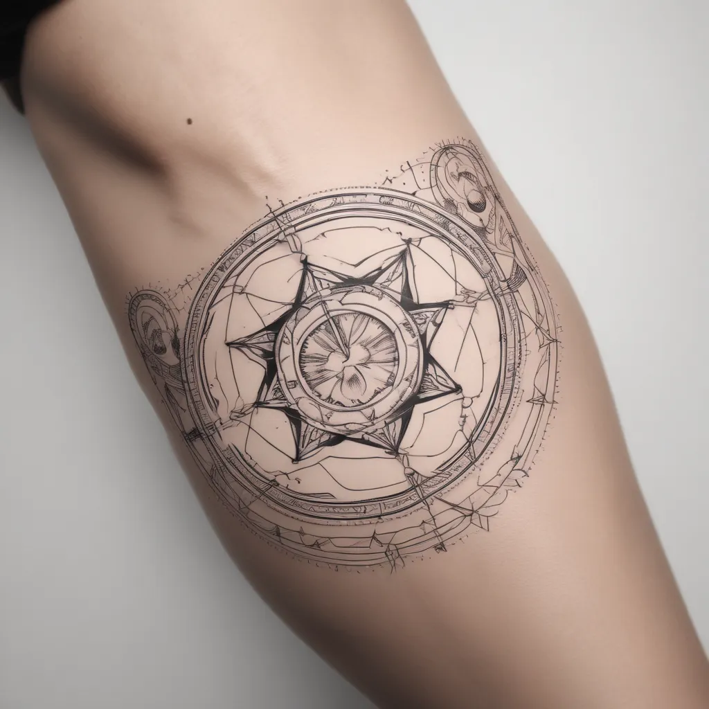 Garter belt with celestial or cosmetic type designs intertwined that goes around the thigh also using page borders line dividers that mash together nicely tatuaje