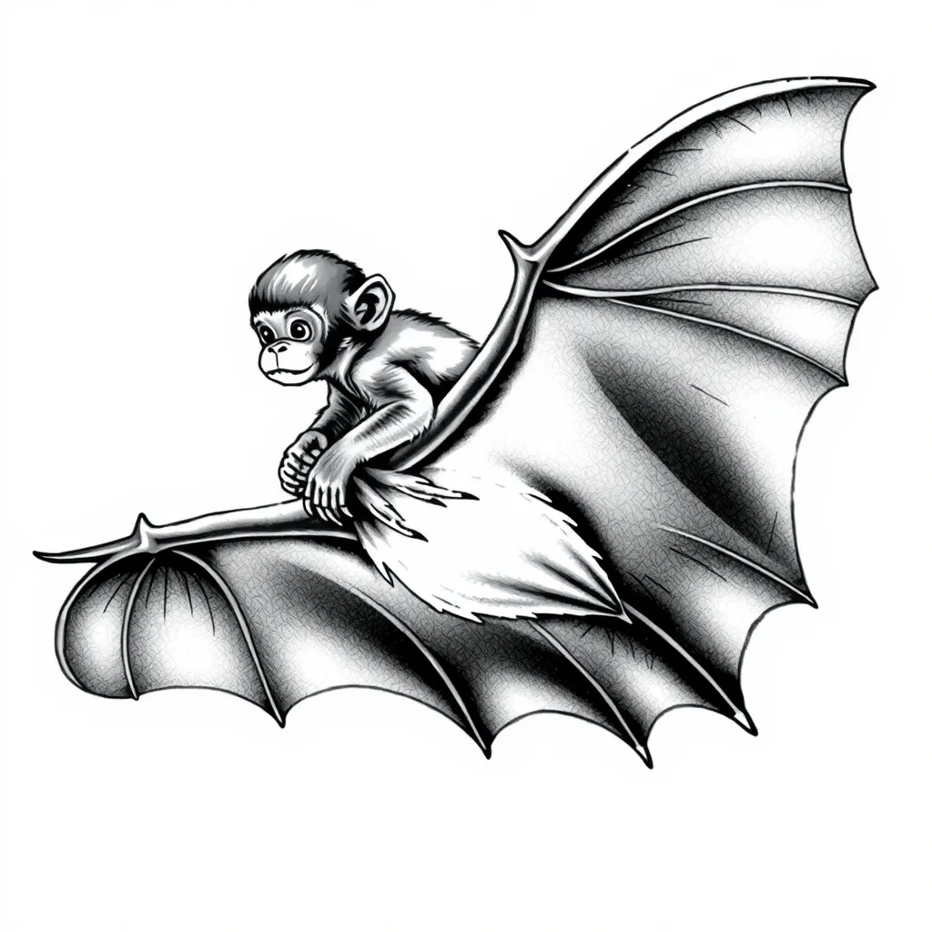 Concept général : Un petit singe perché sur le dos d'une chauve-souris en plein vol, capturant un moment de symbiose entre ces deux créatures.
Détails du singe :
• Taille : Environ 1/4 de la taille de la chauve-souris, accentuant sa petitesse.
• Position : Assis ou accroupi sur le dos de la chauve-souris, tenant légèrement les ailes ou le corps.
• Expression : Curieuse et sereine, avec des yeux expressifs.
• Détails : Poils fins et réalistes, ombrage subtil pour un effet tridimensionnel.
Détails de la chauve-souris :
• Envergure : Ailes déployées, montrant la structure musculaire et les membranes.
• Position : En vol dynamique, avec une légère courbure des ailes pour suggérer le mouvement.
• Détails : Texture de la peau, ombrages profonds pour un effet réaliste.
Style : Réalisme noir et gris, avec des ombrages fins et des lignes nettes.
Placement suggéré : torse
 tatuaż