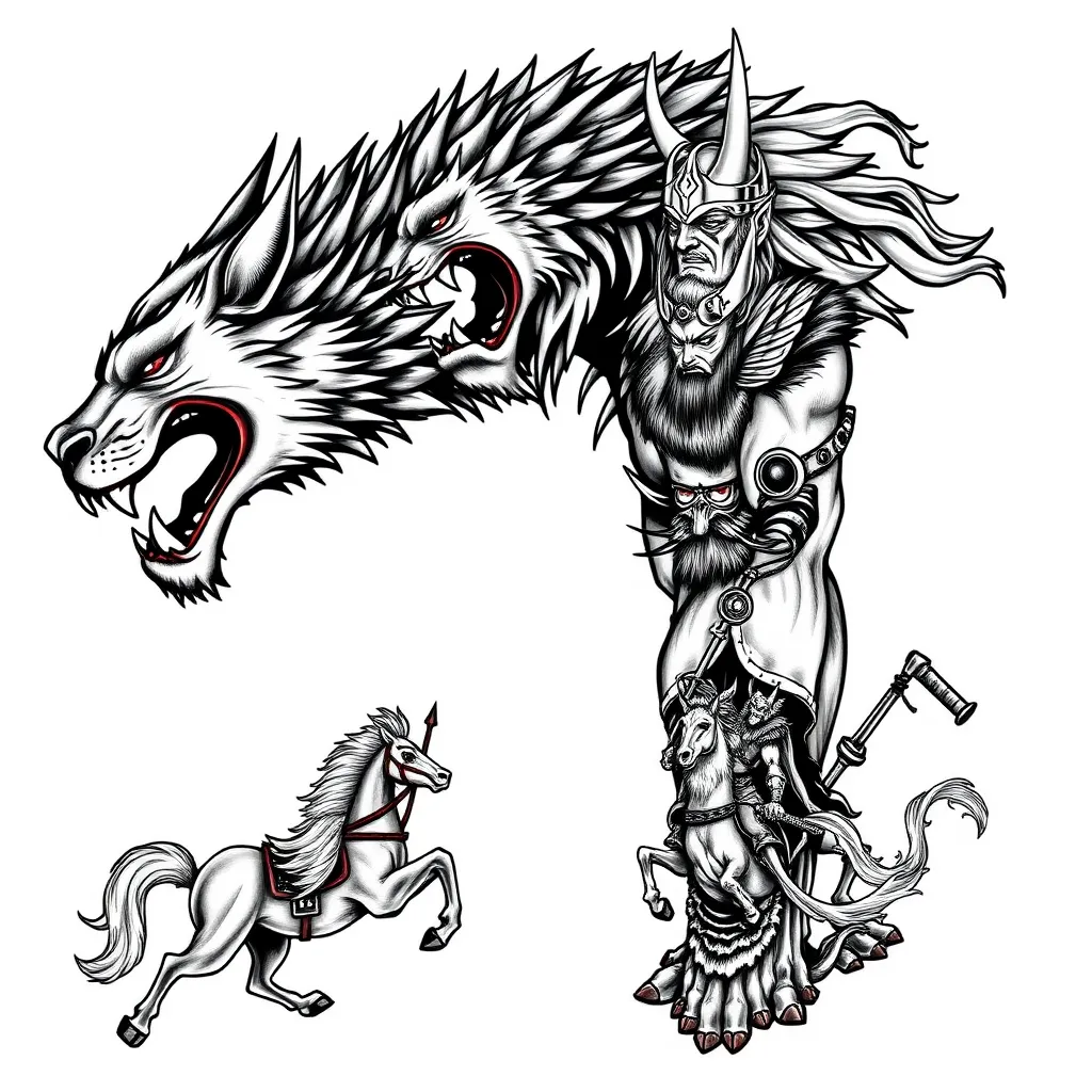 Generame un tatuaje para un brazo estilo nórdico en el que aparezca fenrir y tyr en el hombro, con la mano de tyr metida en la boca de fenrir, a la altura del biceps thor luchando contra jörmungand, y en el antebrazo odin montado en sleipnir y Gullinbursti el antebrazo tetování