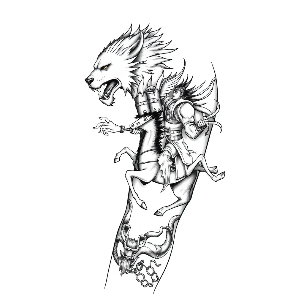 Generame un tatuaje para un brazo estilo nórdico en el que aparezca fenrir y tyr en el hombro, con la mano de tyr metida en la boca de fenrir, a la altura del biceps thor luchando contra jörmungand, y en el antebrazo odin montado en sleipnir y Gullinbursti el antebrazo tatuaje