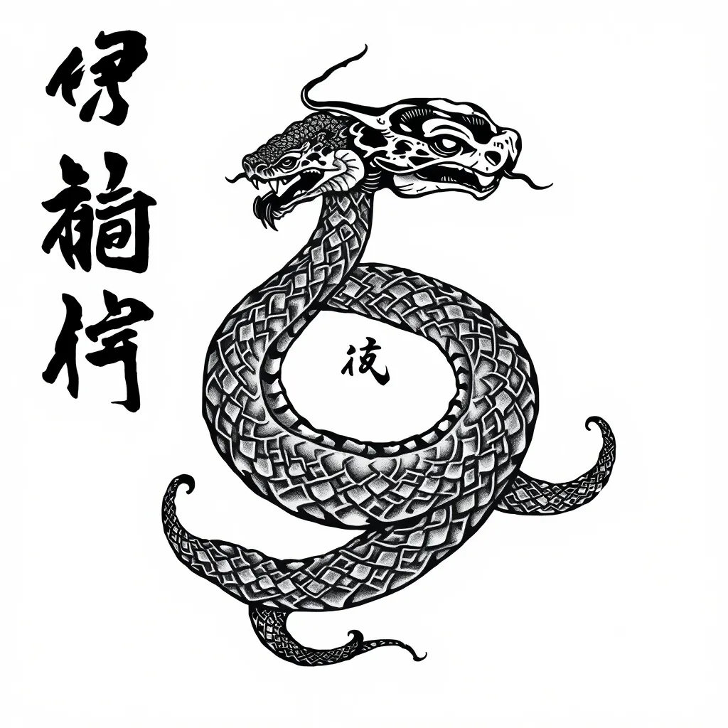 生成一副蛇元素的，汉字形式，竖构图 tatouage