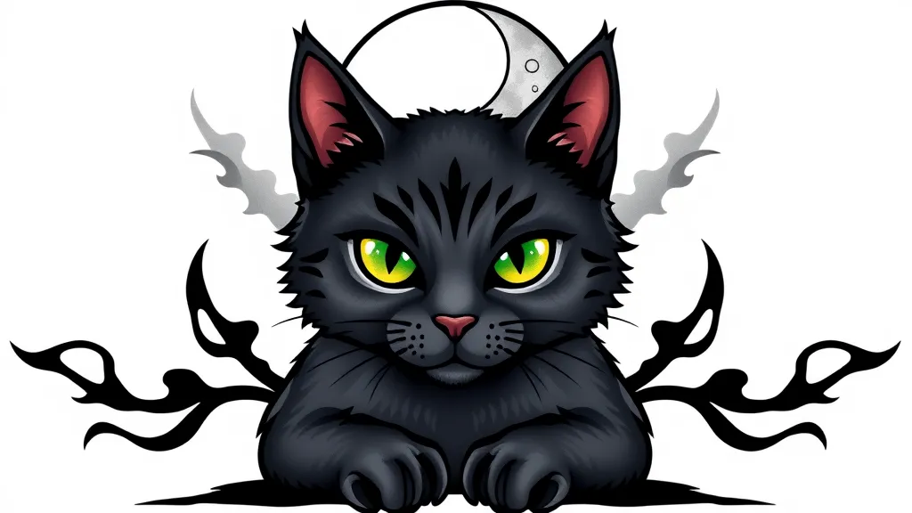 generate me a tattoo template in neo traditional style
 of a dark gray cat, with green eyes sitting in front, with a waning moon above its head, short hair, and 2 shadows on both sides tattoo