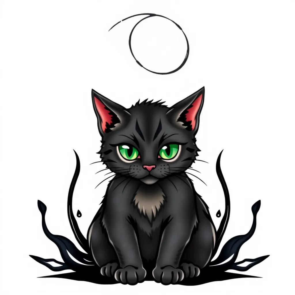 generate me a tattoo template in neo traditional style
 of a dark gray cat, with green eyes sitting in front, with a waning moon above its head, short hair, and 2 shadows on both sides tattoo