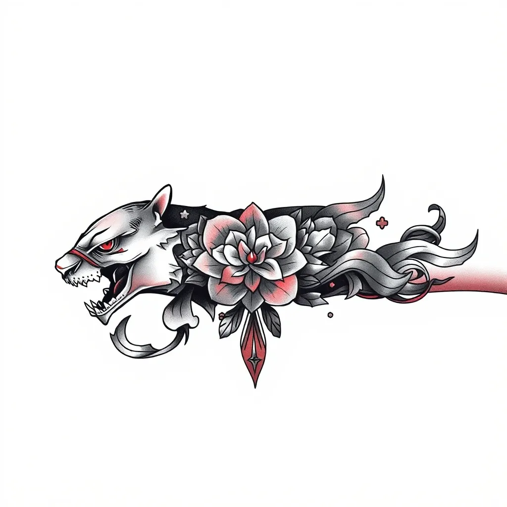 génère un tatouage pour l'avant bras avec comme thème le courage, la ténacité, la famille et la conscience. Le tout en noir dövme