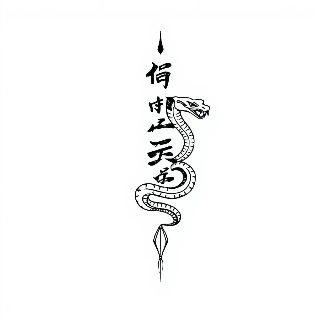以“日进斗金”几个字生成，一笔完成，加入蛇的元素，竖构图 tatouage