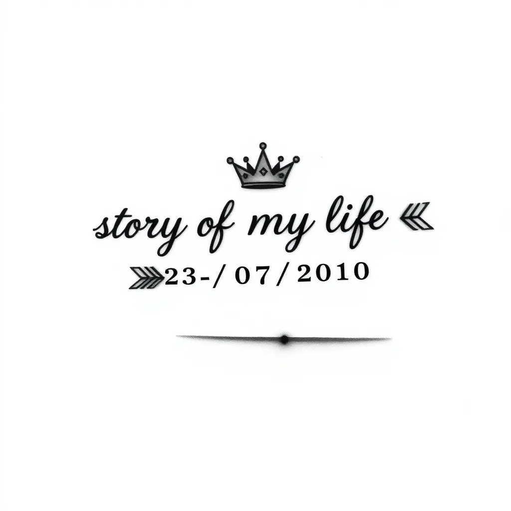 crie uma tatuagem  na clavícula, escrito story of my life com a data 23/07/2010 e utilize 5 setas de pista de corrida, sendo que a terceira seta tenha uma coroa  tattoo