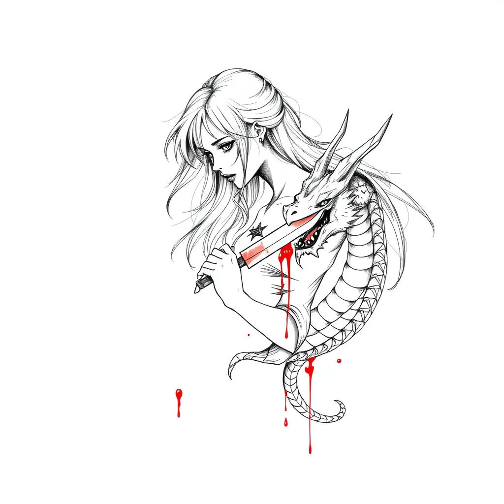 Девушка с кровавым ножом и дракон  टैटू
