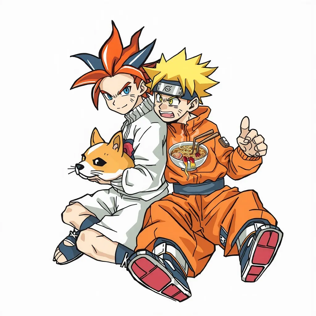 Goku y Naruto sentados comiendo ramen con un perrito  टैटू