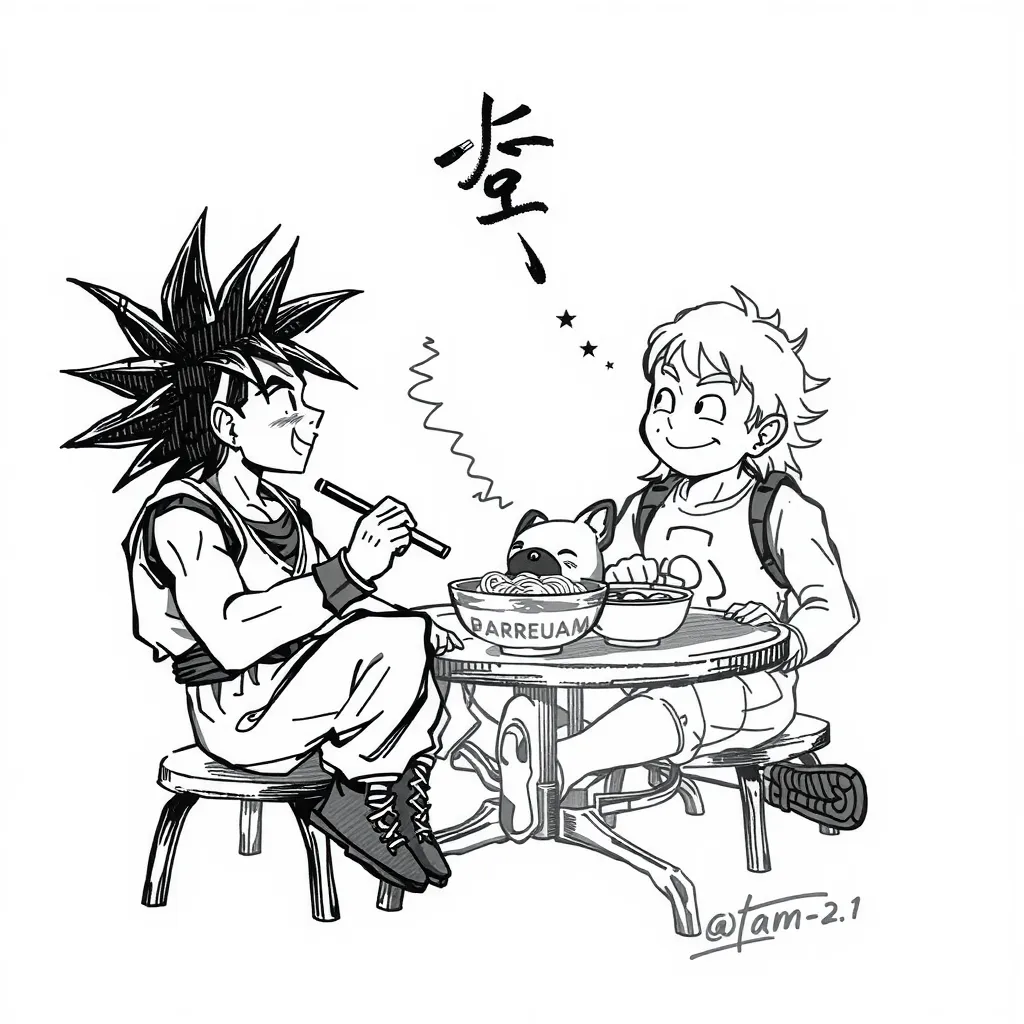 Goku , Arturo y un perrito comiendo ramen , sentados en una mesita  tetování