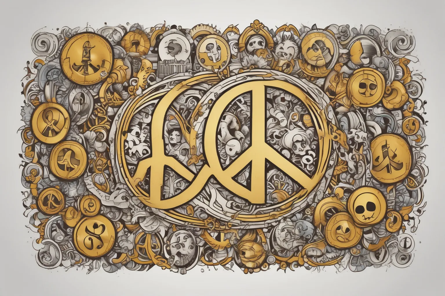 gold dollar bills, peace symbols, and smiley faces 문신