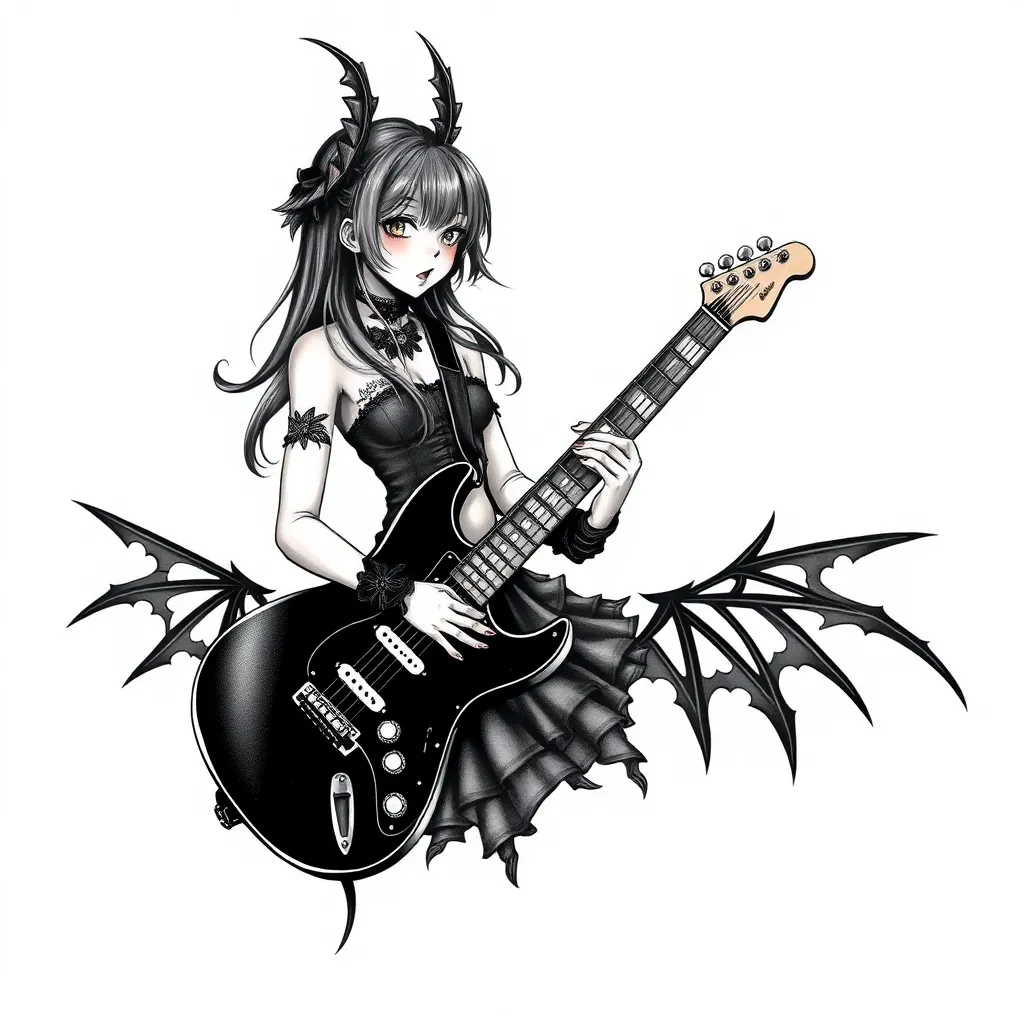 gothic anime girl playing fender stratocaster tetování