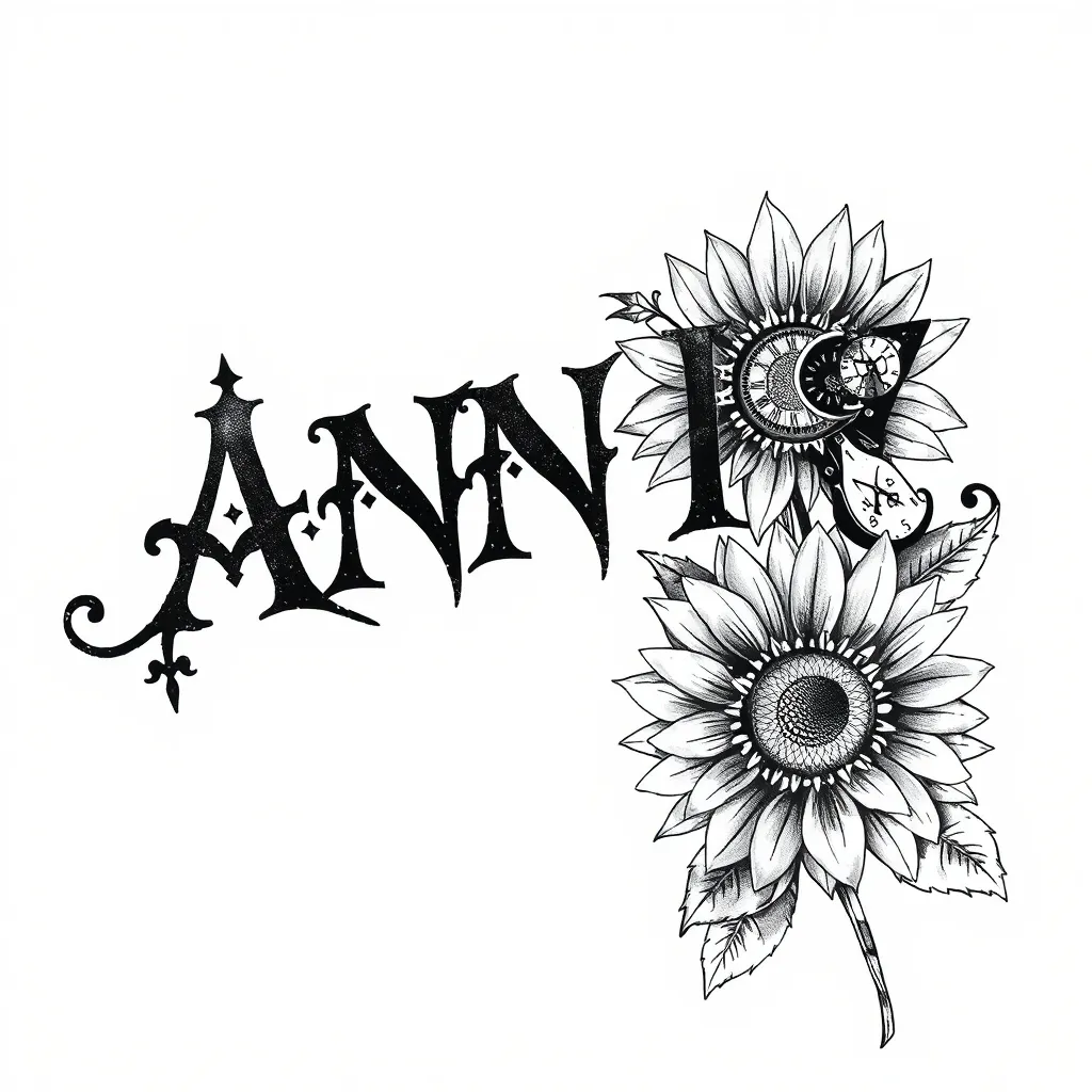 哥特式风格的字母ANNIE，带有机械元素的小时钟，加一个小向日葵的大臂纹身
 入れ墨