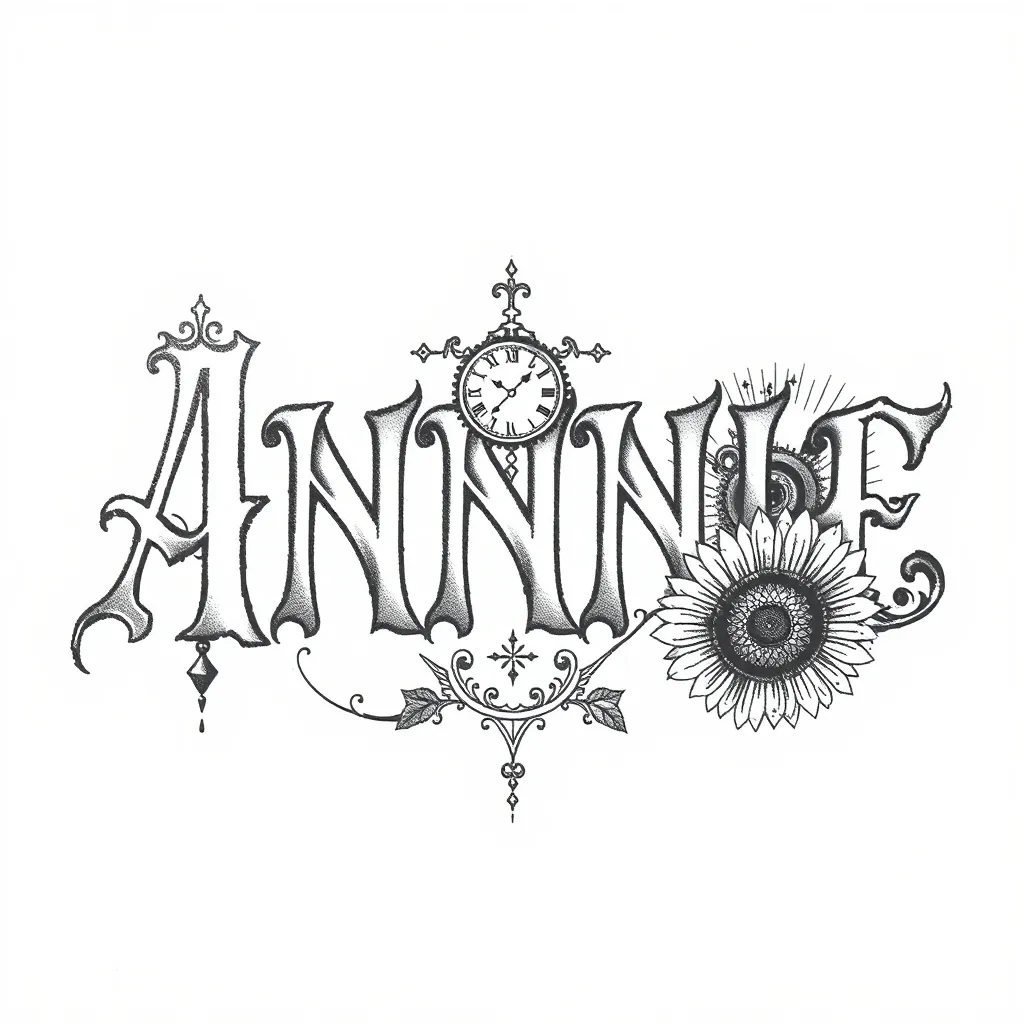 哥特式风格的字母ANNIE，带有机械元素的小时钟，加一个小向日葵的大臂纹身。字母占比百分之八十，字母字体纤细一点
 入れ墨