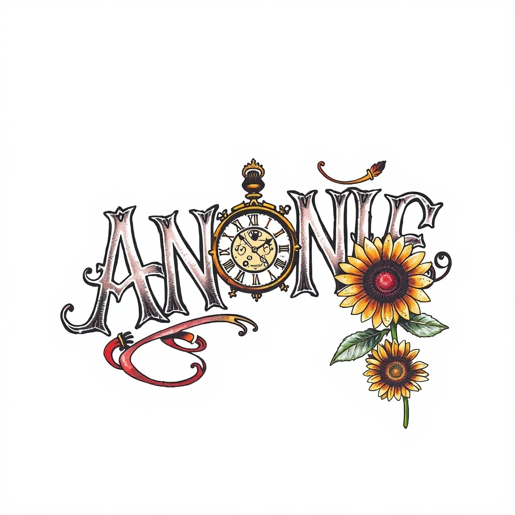 哥特式风格的字母ANNIE，带有机械元素的小时钟，加一个小向日葵的大臂纹身。字母占比百分之八十
 入れ墨