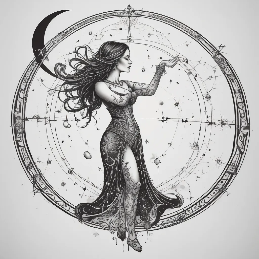 Gothic woman dancing with constellations and a crescent moon 入れ墨