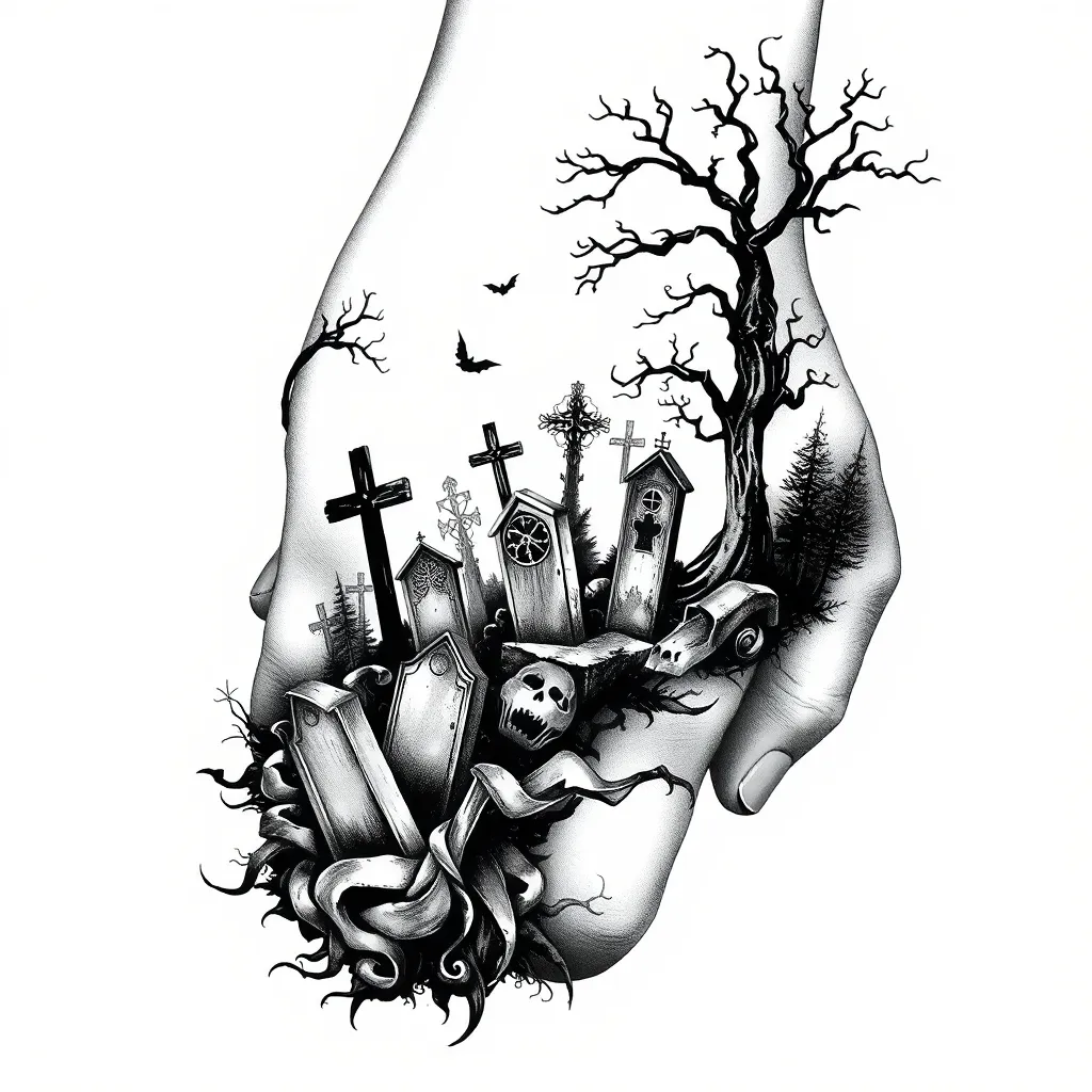 cemitério para dorso da mão com lapides, fantasmas e arvores tatuagem
