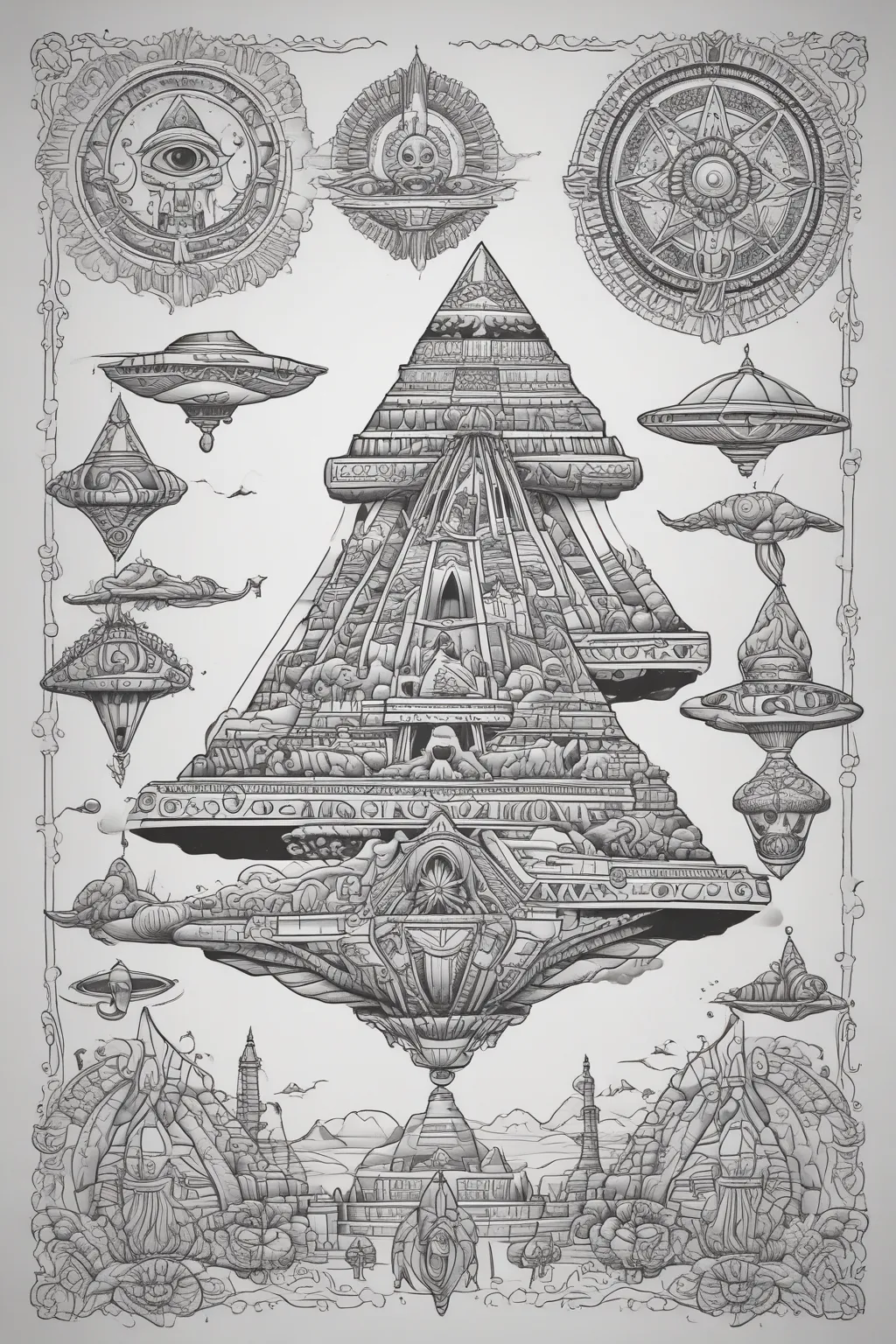 Gray Alien, Egyptian Pyramids, UFO, Flying Saucer, Mandala 문신