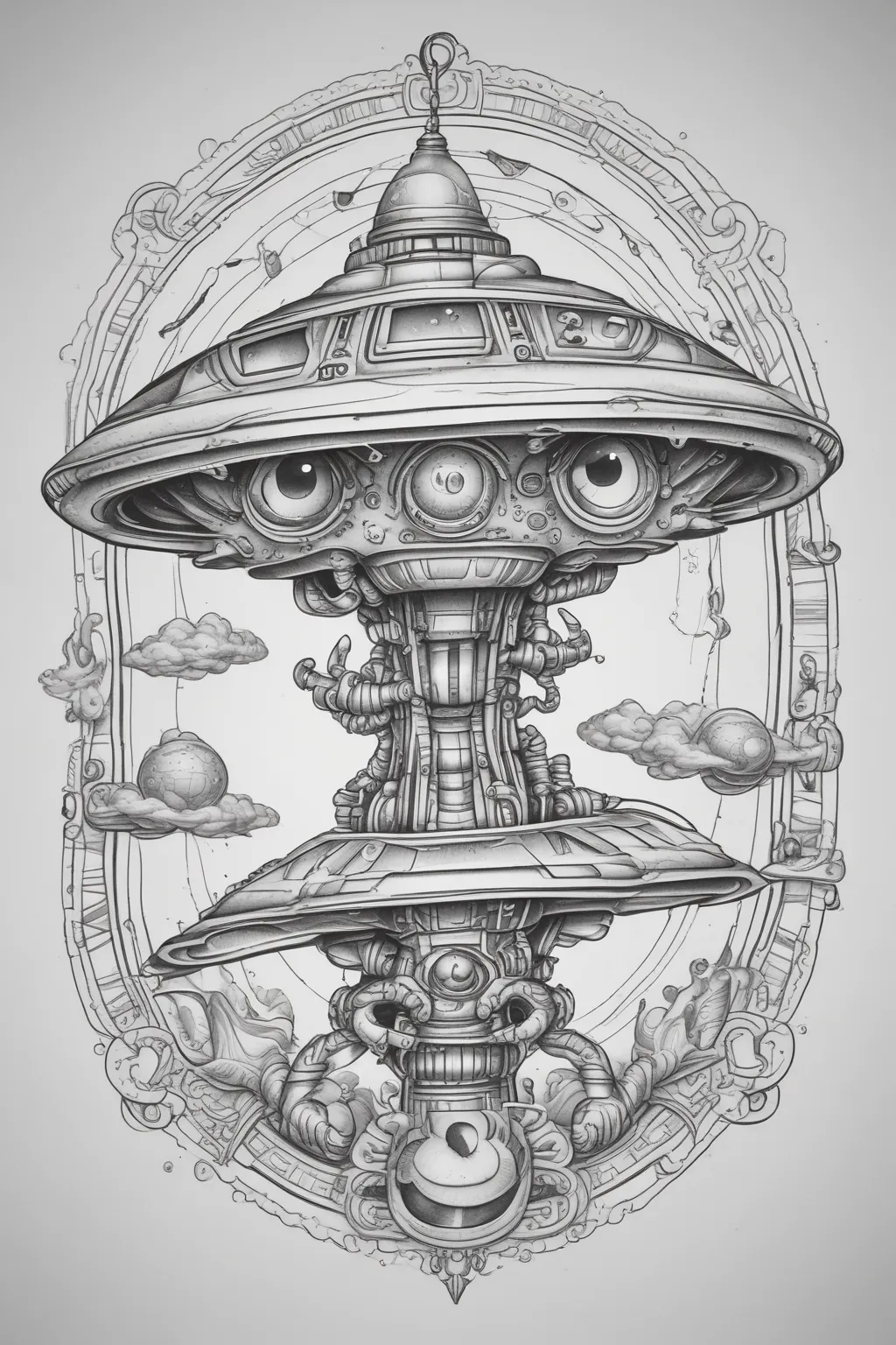 Gray alien, UFO, flying saucer 纹身