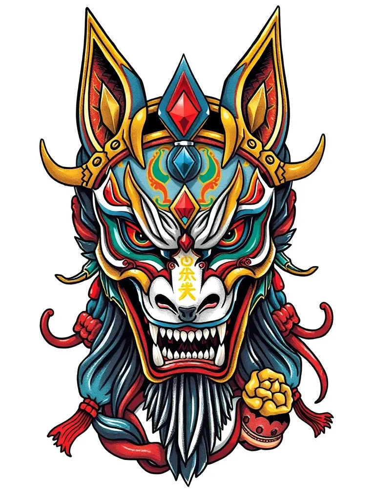 贪狼星君傩戏面具，与德行，慈悲，生命等关键词精进行联想创作， tatuaje