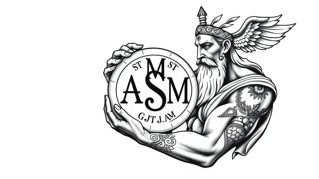 Greek god of protection holding a sphere with the initials AMT ST SM JM GT AM inside the sohere tattoo