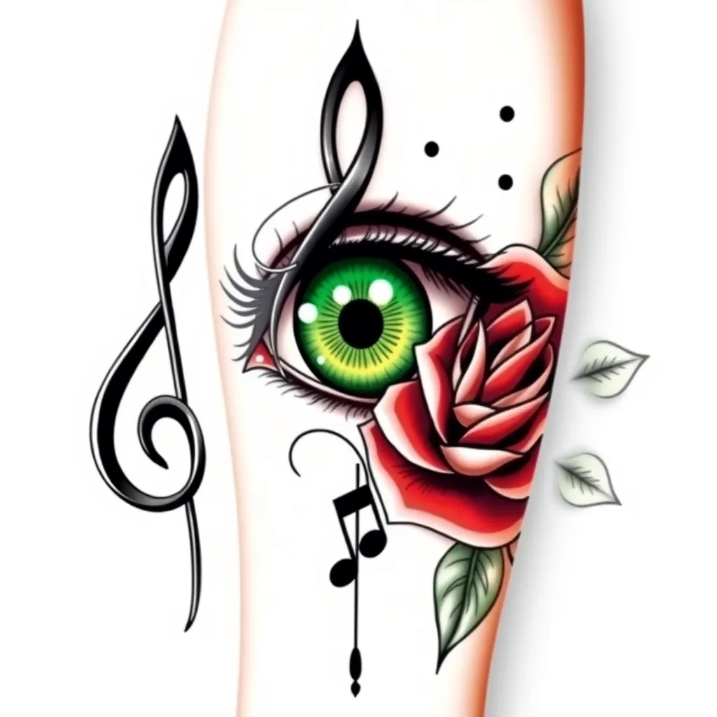 olho verde , tribal , nota musical , rosa aberta , antebraço , masculino tatuaggio