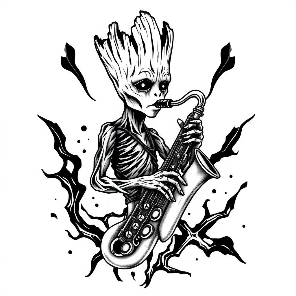 groot qui jou du saxophone tatuaggio