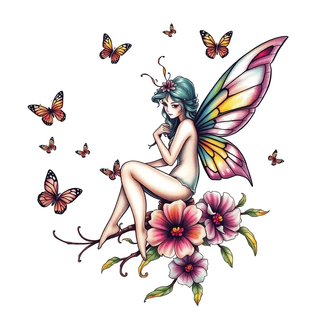 Guardian fairy that is sitting on y shoulder always with me.. with flying butterflies To represent thefaorys freedom and peace tatuaggio