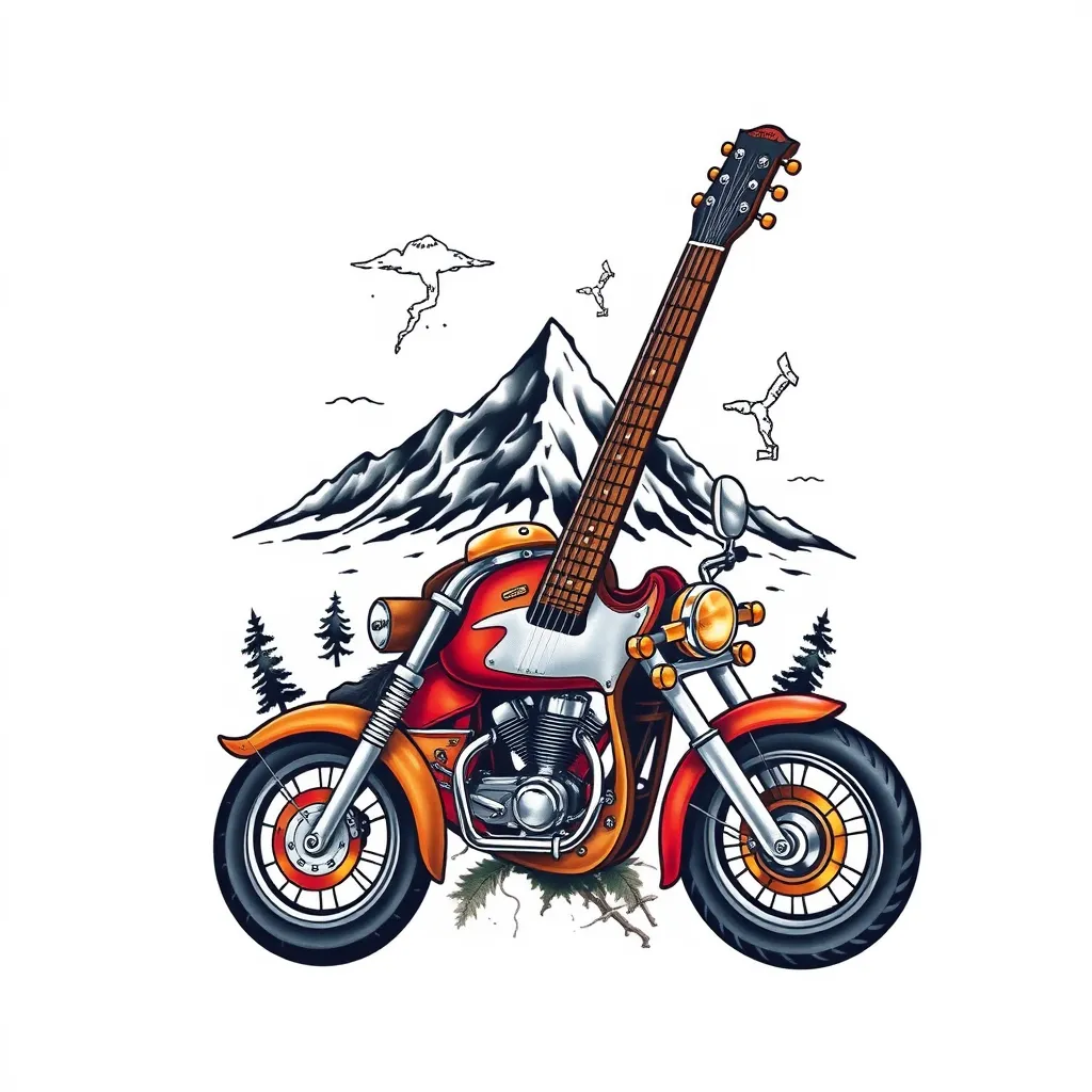 guitar and motorbike and mountain and map tattoo