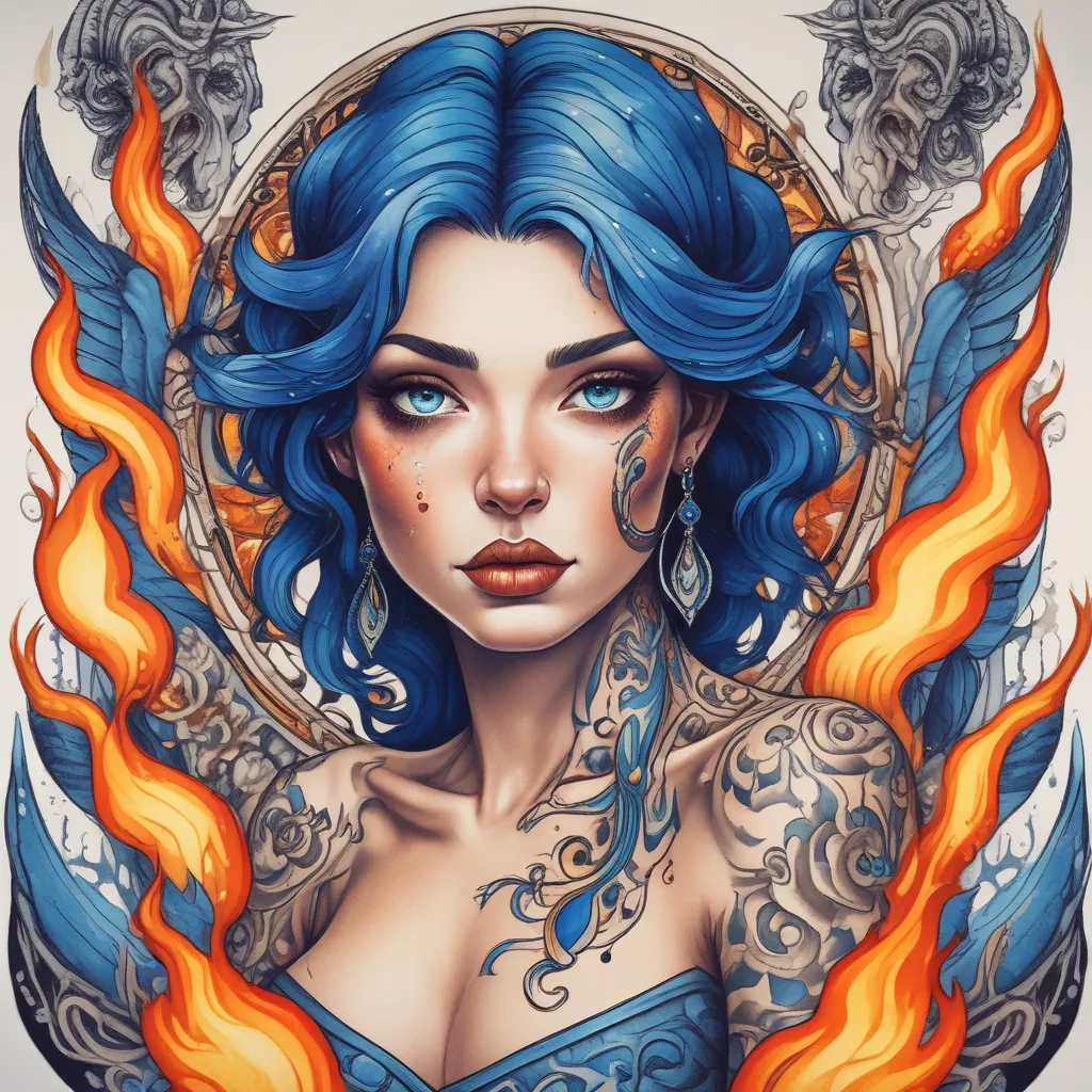 Half naked seductress floating above flames from a volcano. Piercing blue beautiful eyes, elegant, seductive. Her tears cool the flames tatuagem