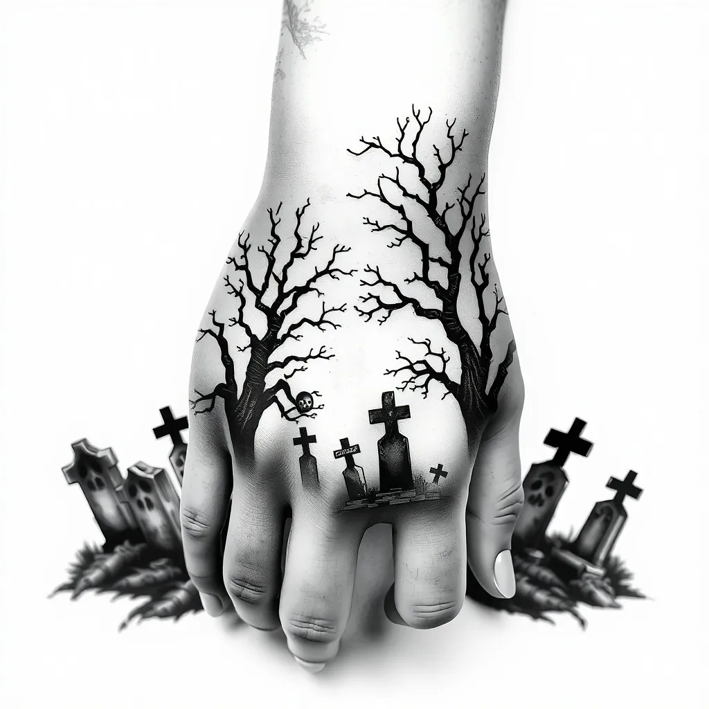 tatuagem para dorso da mão e punho, sem os dedos, cemitério com arvores, lapides e fantasmas tatuagem