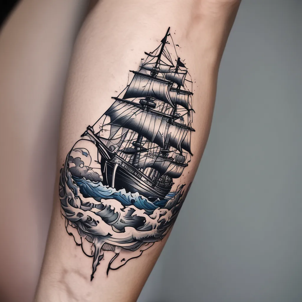 he Geometric Stormy seas with ship that is not the focus with a few sails and lightning and clouds, small and thin shape that wraps around wrist by hand in geometric shape Tattoo Idea that 入れ墨