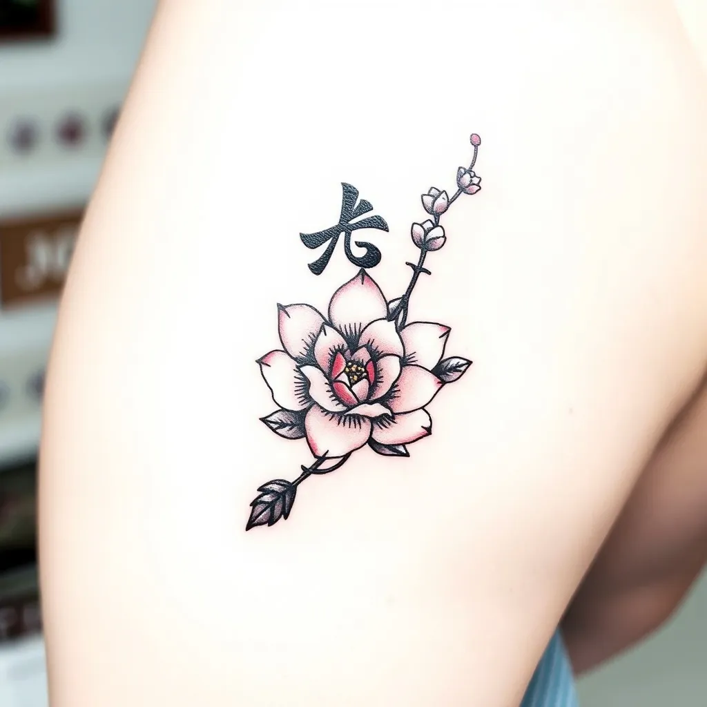 hello i want a tattoo with the word 八月 written in Japanese and a flower. Im not sure if i want the flower next to the word or the word inside the flower टैटू