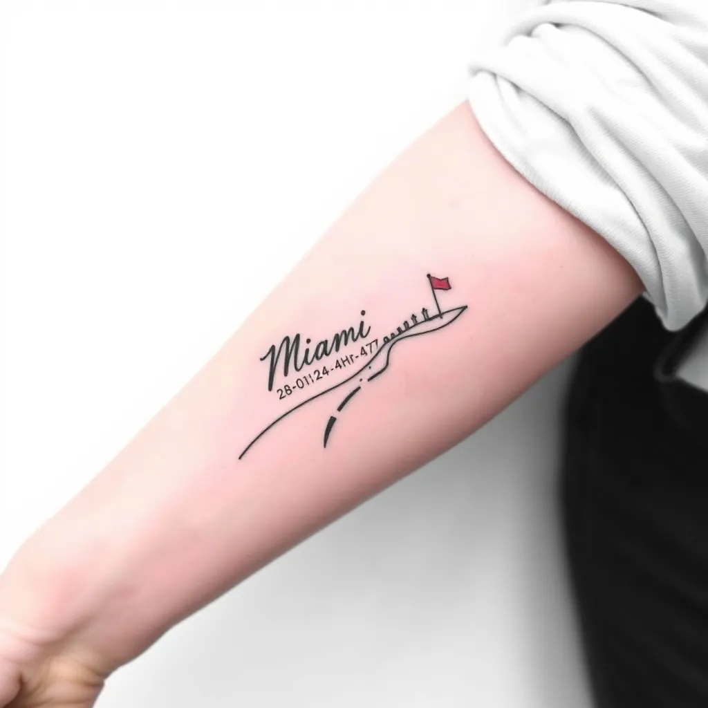 Aquí tienes un prompt sencillo que puedes usar en una IA generadora de tatuajes:

Tatuaje minimalista en blanco y negro para el antebrazo interno. Representa una carretera sutil que comienza cerca de la muñeca y se desvanece hacia el codo. Incluye el texto 'Miami 28-01-24 4h:06:37' de forma elegante y discreta cerca de la muñeca, integrado en el diseño. La carretera debe ser suave y no ocupar todo el ancho del brazo, con líneas limpias y un diseño ligero que permita futuras adiciones.


 纹身