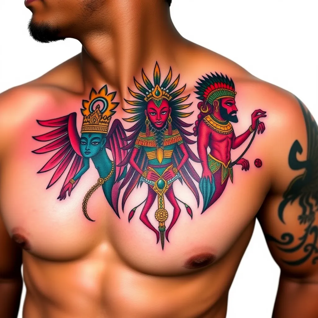 Hola ChatGPT. Necesito que me ayudes a crear un tatuaje personalizado que contenga los símbolos de los dioses guerreros de los orishas. Necesito que esten combinados ya que juntos son muy fuertes y ellos son eleguá, oshosi y osun. Me gustaría en el hombro o un pectoral. Puedes mostrartme los ejemplos que nombraste? y si tienes alguna otro ejemplo que quede bien vistoso sería bueno. وشم