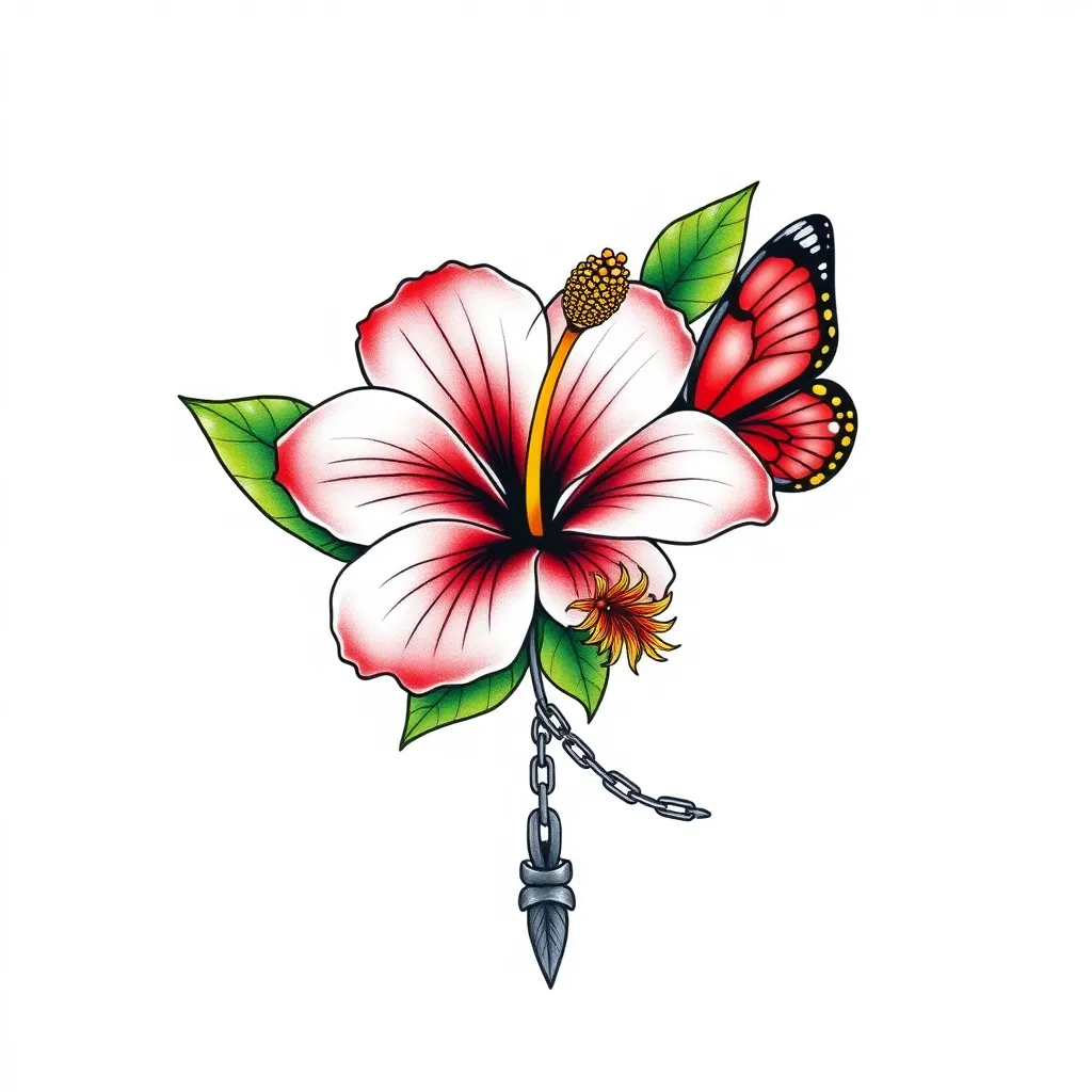 Hibiscus avec chainette et papillon  tattoo