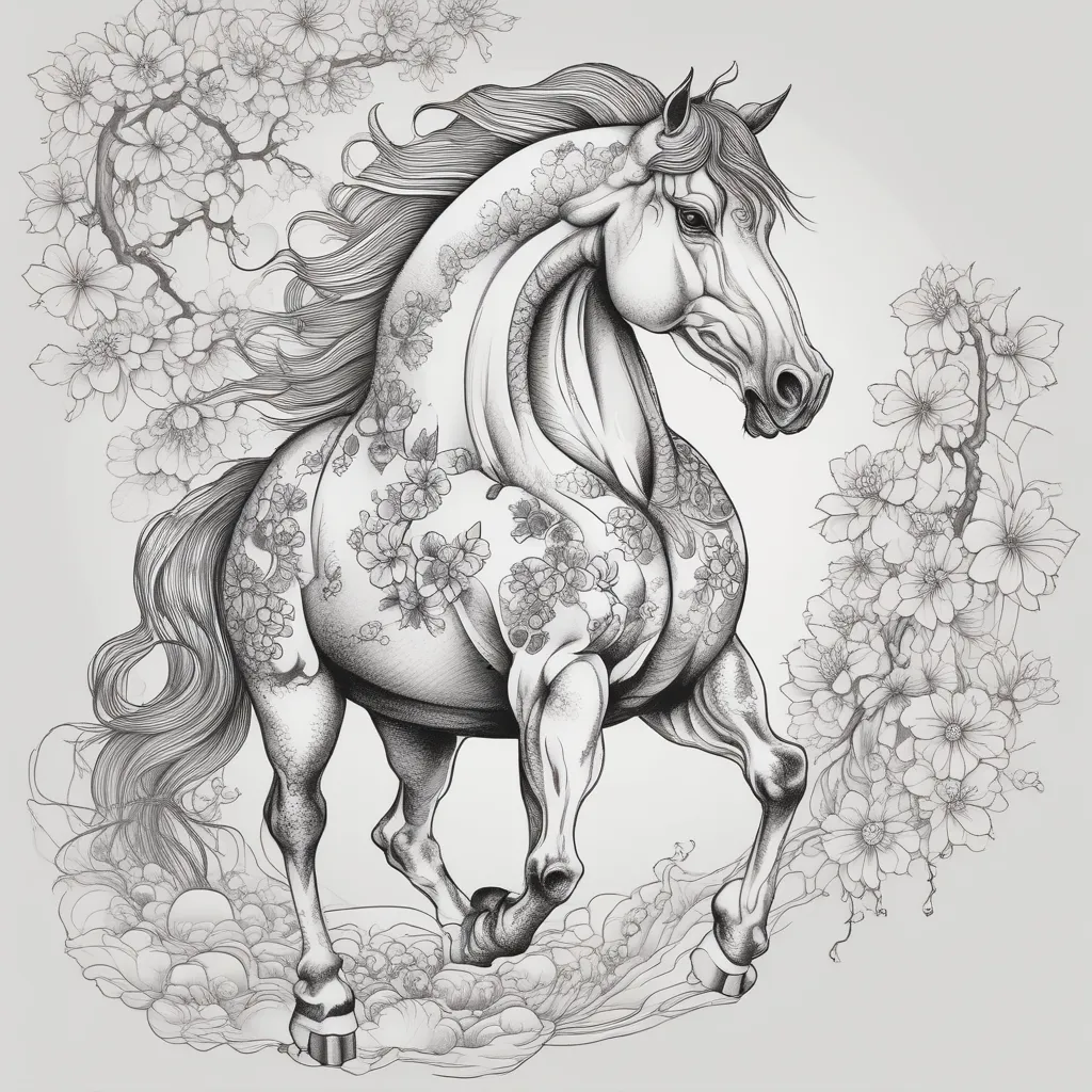 Horse and cherry blossom  tatoeage