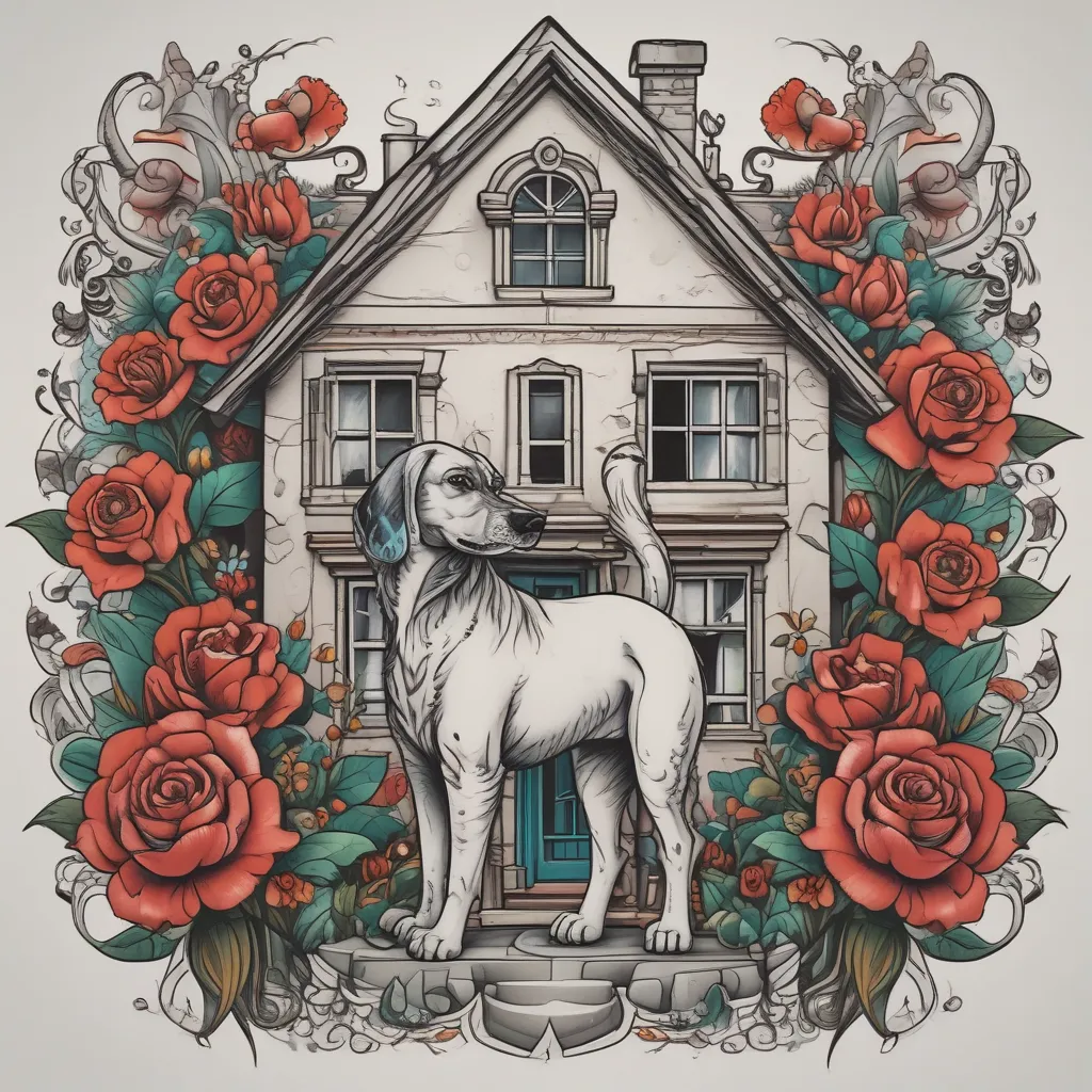 House and dog. Colour  tattoo